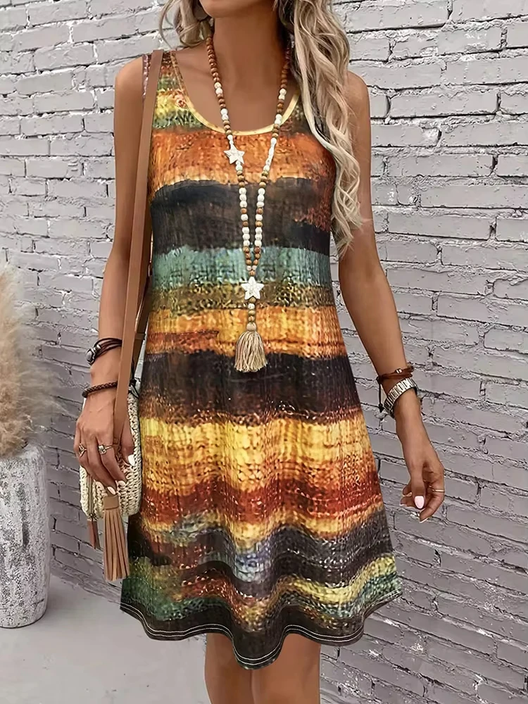 Gestreiftes, ärmelloses Minikleid für Damen, Rundhalsausschnitt, Tank-Strandkleid für den Sommer, lässiges Urlaubsoutfit, atmungsaktives A-Linien-Kleid, T-Shirts