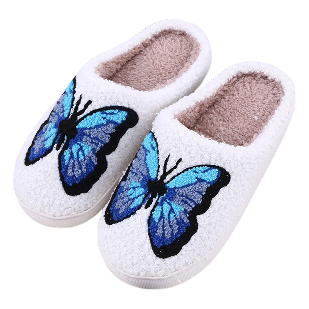 Plush Butterfly Slippers Flat Thermal Slippers Non Slip Soft Furry Slippers Comfortable Fluffy Butterfly Slippers for Men Women