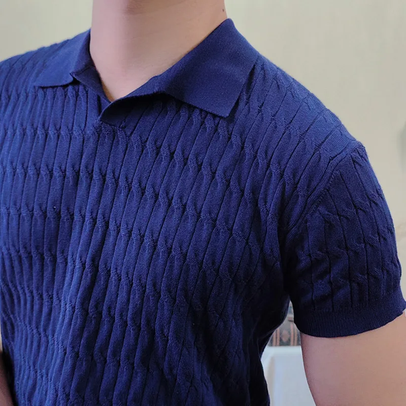 

2023 Summer Solid Color Men's Lapel Polo Comfortable Breathable Knitted Ice Silk British High Quality Short Sleeve Polo Shirt