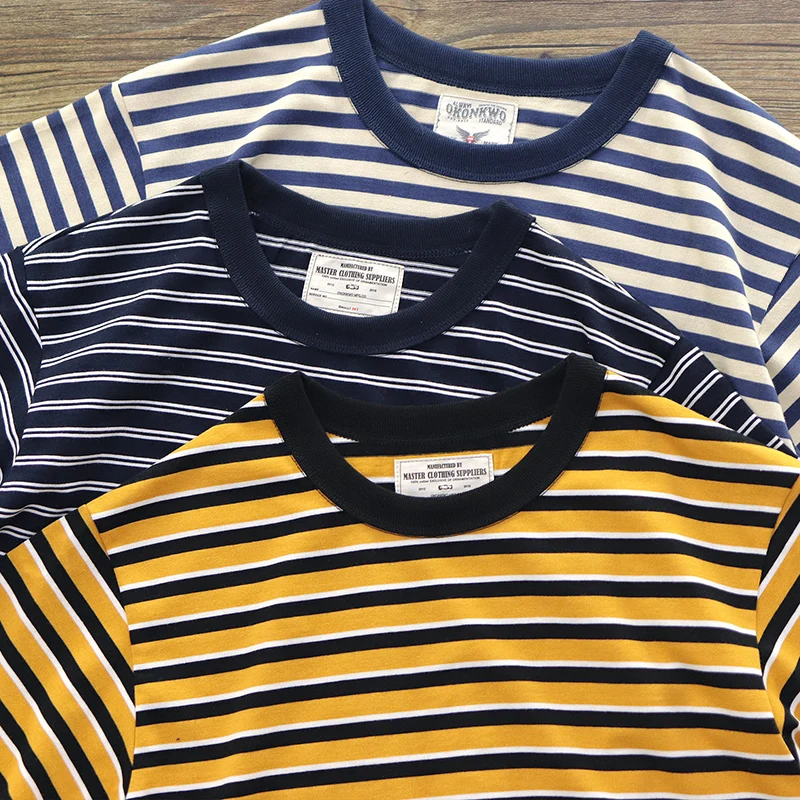 Ok2133# Summer New Japanese Retro Short Sleeve Striped T-shirt Men's Fashion 100% Cotton Round Neck Washed Old Heavyweight Tops