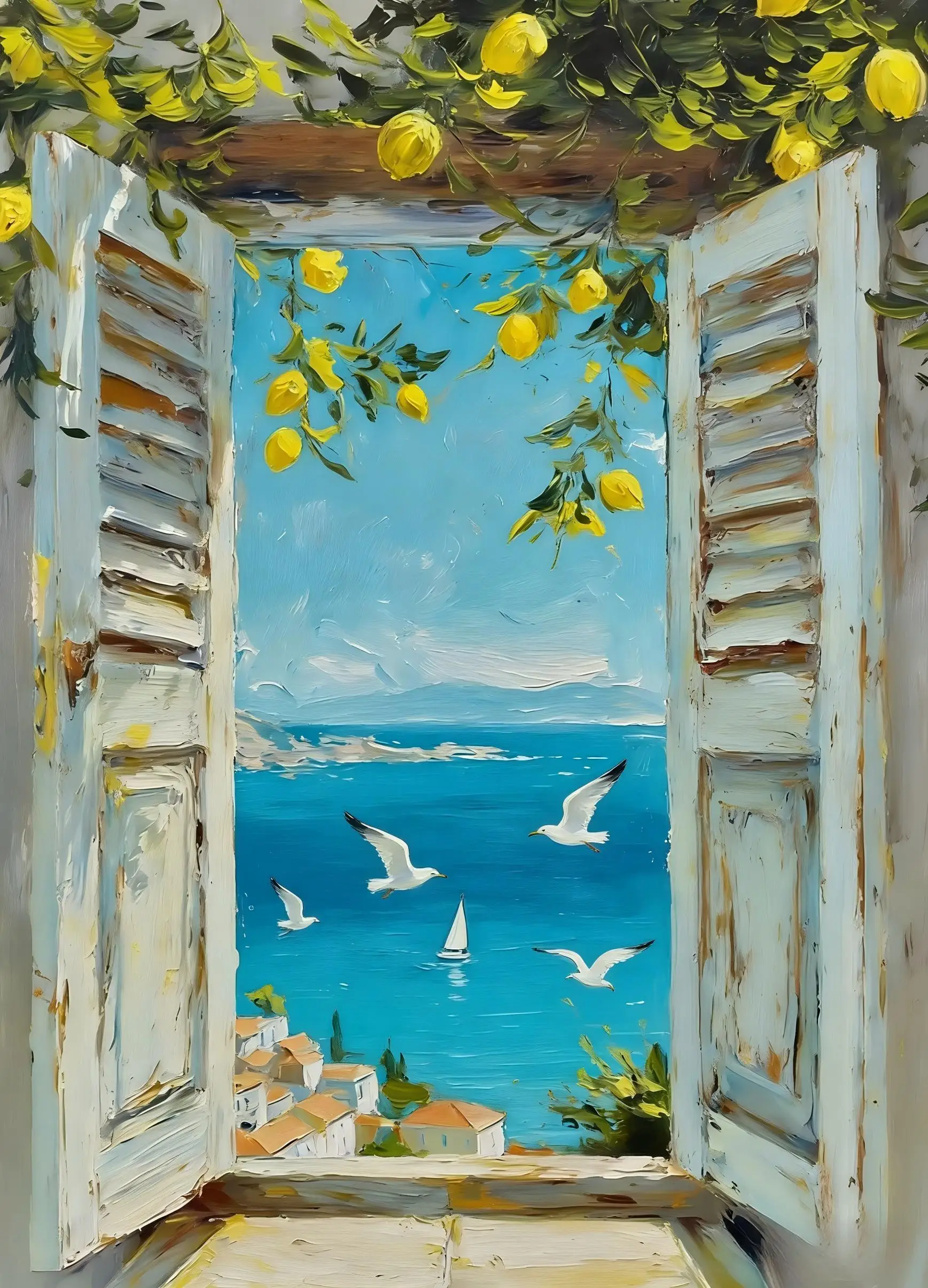 Impresión en lienzo sin marco de paisaje marino italiano con limones, vista costera estilo pintura al óleo con veleros, verano mediterráneo, 1 pieza