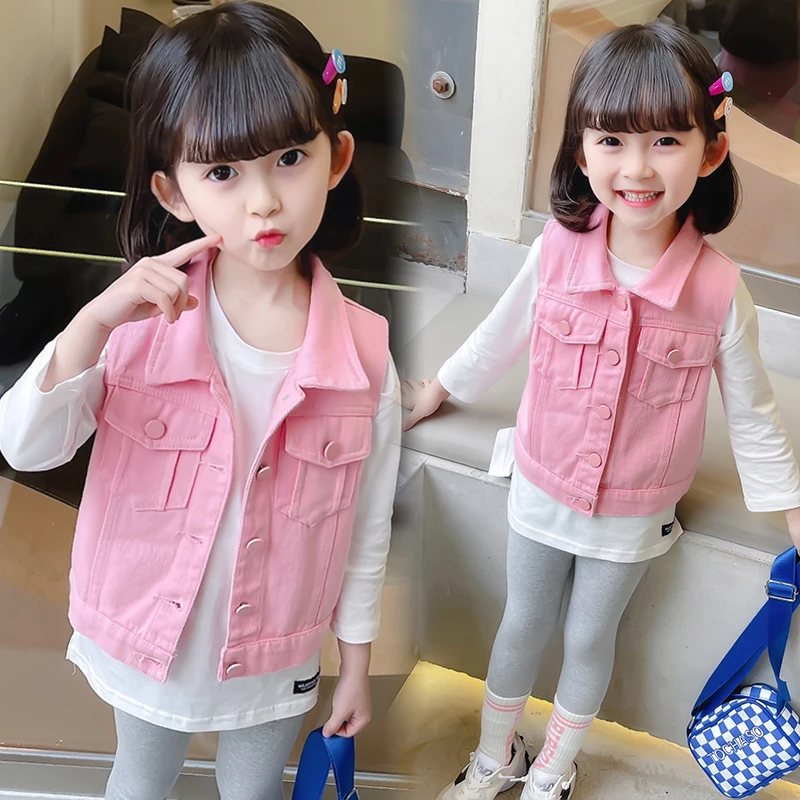Lovely Style Kids Baby Denim Pink Color Denim Vest Outfit for Toddler Girl Casual Sleeveless Jacket Outfit Child Jeans Waistcoat