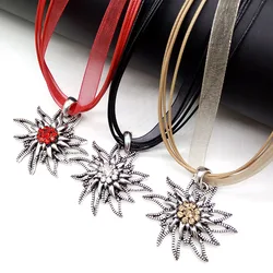Simple Popular Edelweiss Necklaces for Women Good Luck Mountain Flowers Leather Rope Chain Pendants Oktoberfest Party Jewelry