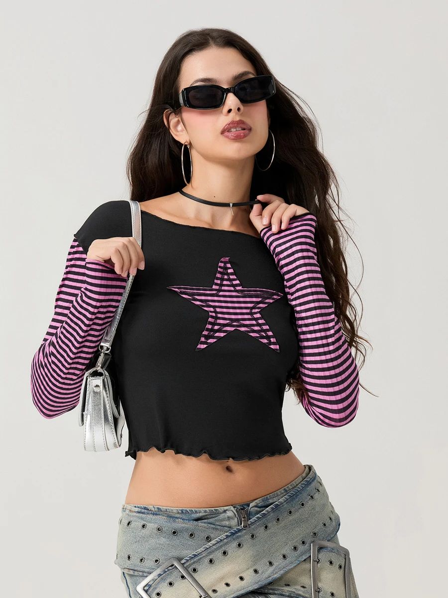 Women T-shirt Long Sleeve Crew Neck Star Stripe Star Graphic Slim