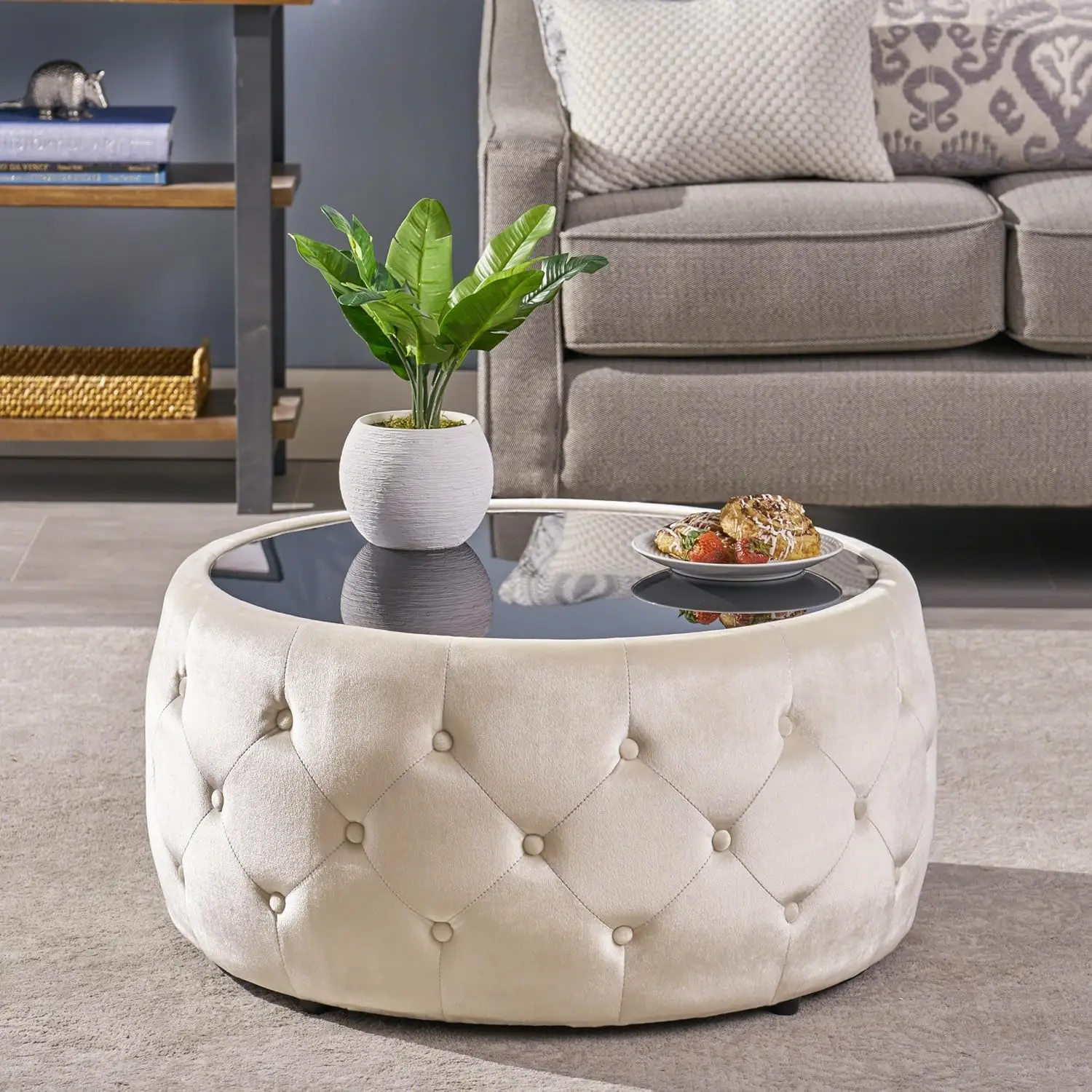 

30" Beige Modern Velvet Ottoman Coffee Table - Round Upholstered Button Tufted Table with Tempered Glass Top,