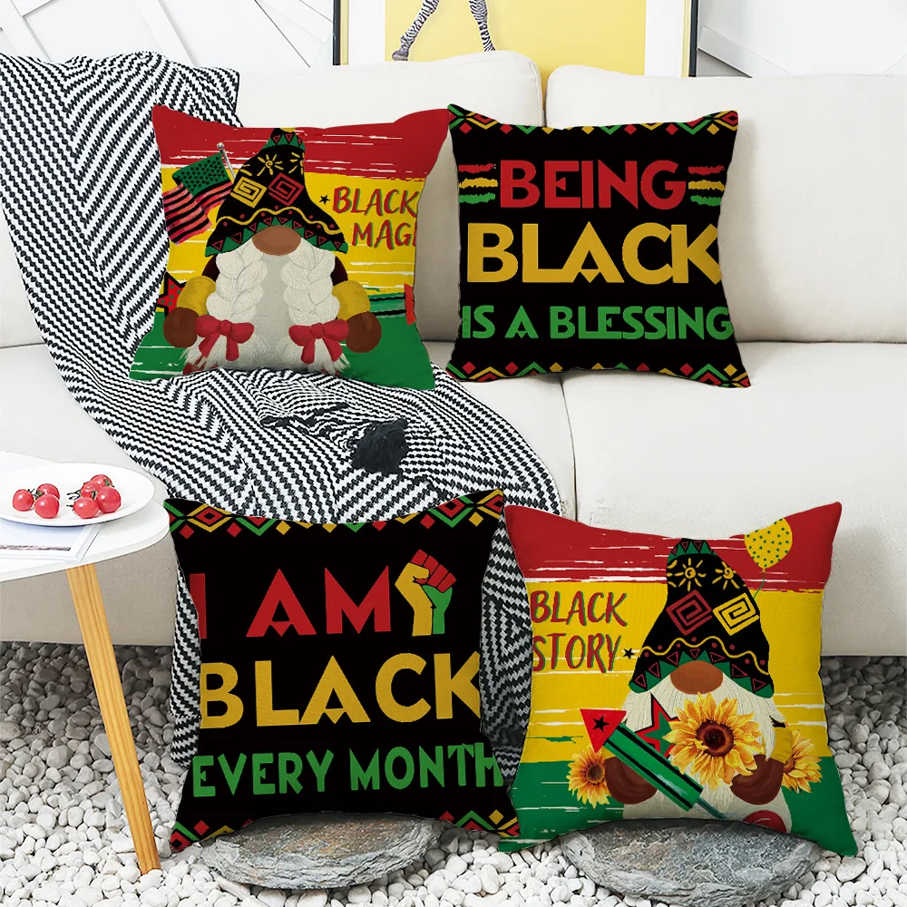 2023 Black History Month Print Pillow Cover 45x45 Linen Couch Cushion Cover Cute Black Pillowcases Letters Cartoon Pillow Case