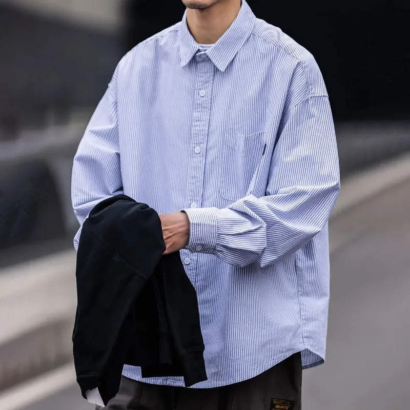 Men's Japanese Cityboy Style Striped Shirt Loose Long Sleeve Oversized Casual Spring Daily Layering Top