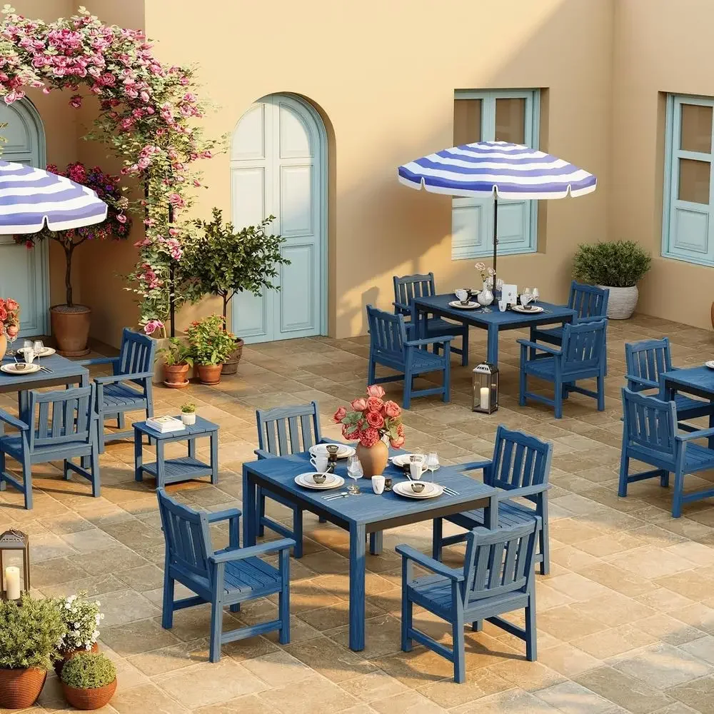 Blue Outdoor Patio Dining Chair with Curved Backrest, Supports 400 lbs, Ideal for Garden, Porch, Poolside