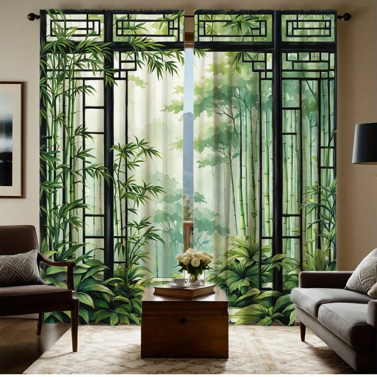 VIKAMA 2pcs 3D Green Bamboo Printed Curtains, Rod Pocket Blackout Curtains for Living Room and Bedroom, Home Decoration