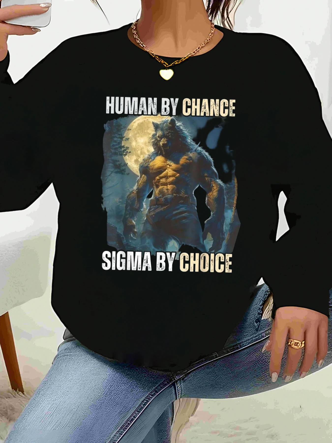 

Werewolf Graphic Human by Chance Sigma by Choice Толстовка с длинными рукавами Хэллоуин Повседневная одежда для женщин