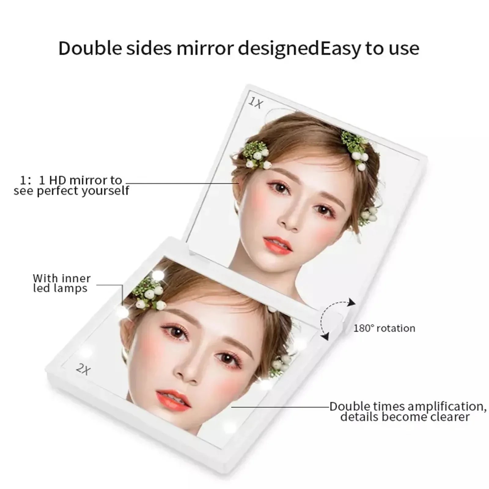 6 Led Makeup Mirror With Light  Magnifying Small Pocket Portable Travel Pink Black White Foldable Cosmetics Vanity Mirrors