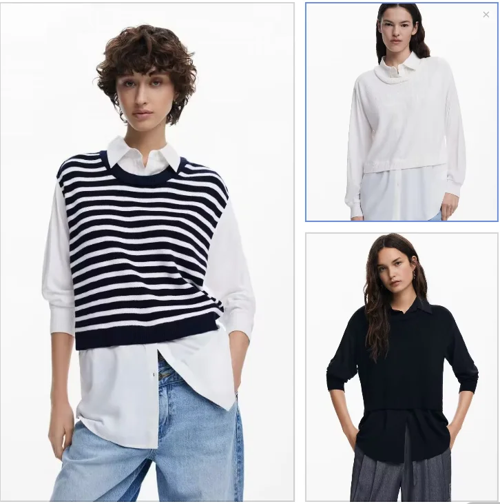 

Foreign trade new Spanish style fake two pieces of patchwork women's stripes black and white blouse