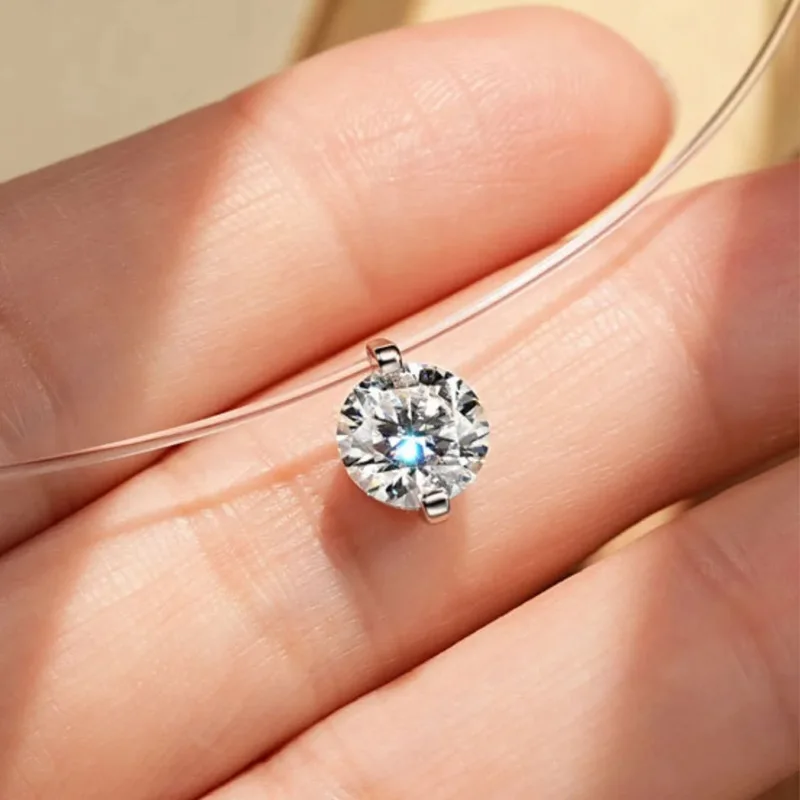 

0.5-5CT Moissanite Pendant Necklace Women 925 Sterling Silver Transparent Fishing Line Choker Chain Jewelry Colar de Prata