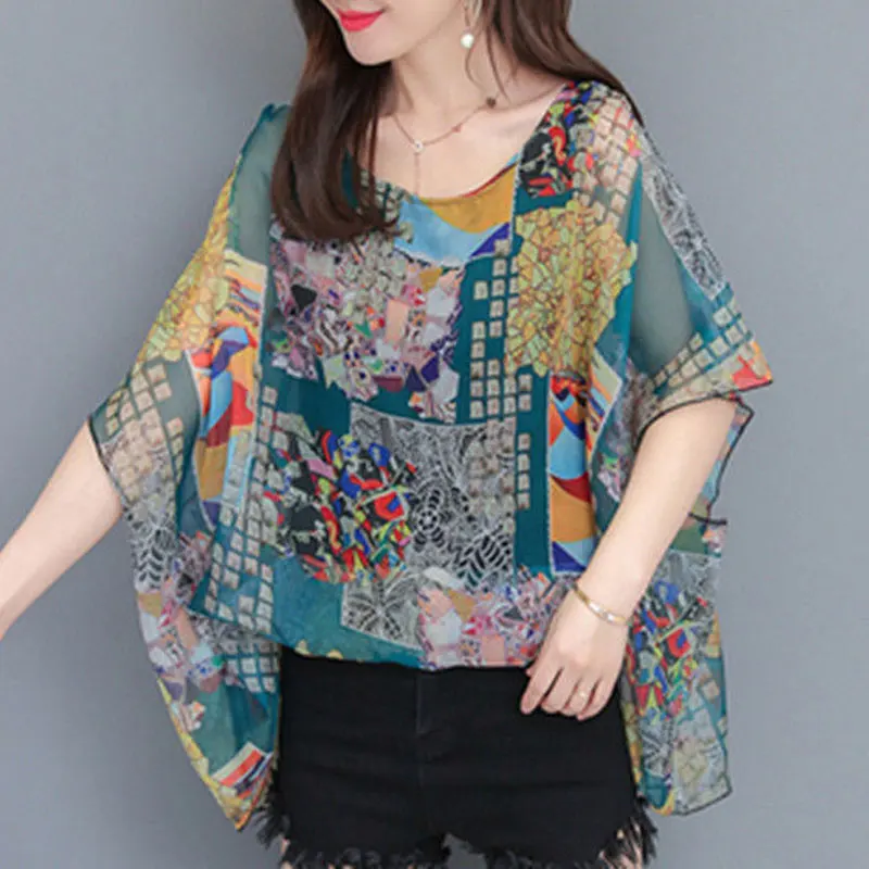 

Streetwear Fashion Butterfly Printed Pullovers 2024 Summer Casual Loose Round Neck Women's Clothing Short Sleeve Chiffon T-shirt