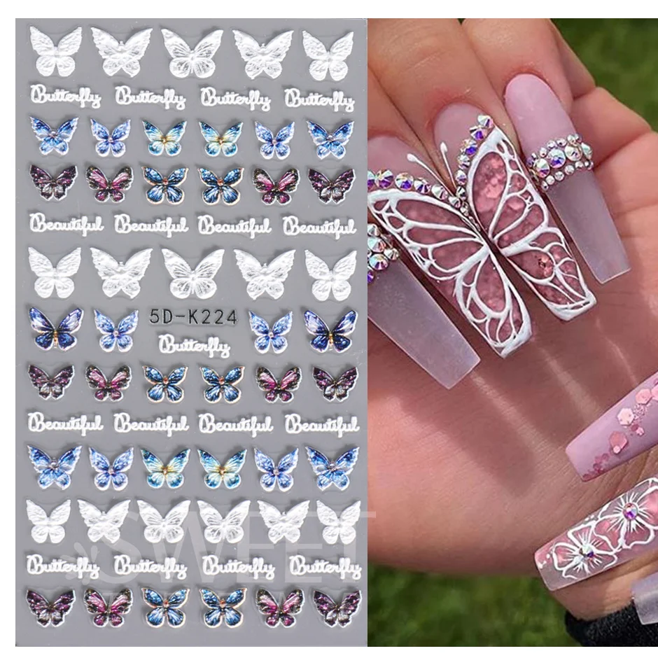 5D Acrylic Pink Butterfly Nail Stickers Relief Vivid Blue Butterflies Letter Sliders Engraved Nail Design Spring Decor SA5D-K222