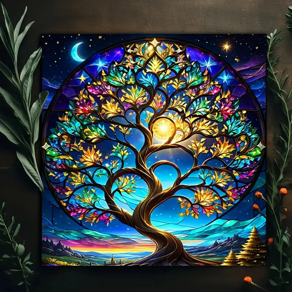 Vibrant Tree of Life Tarot Tablecloth Witchcraft Altar Cloth Decor with Autumn Foliage & Starry Night Oracle Card Pad Home Decor