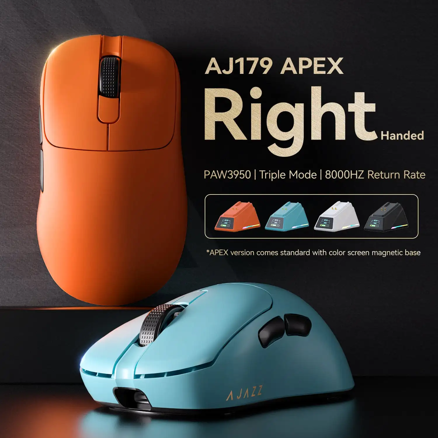 AJAZZ AJ179 APEX Wireless Mouse with 3950 Sensor, 2.4GHz / Bluetooth / Wired Connectivity, Battery Capacity: 400 mAh, Includes Wireless Magnetic Charging Dock, Features a Full-Color Interactive Display, 42,000 DPI with Ultra-Fast Response