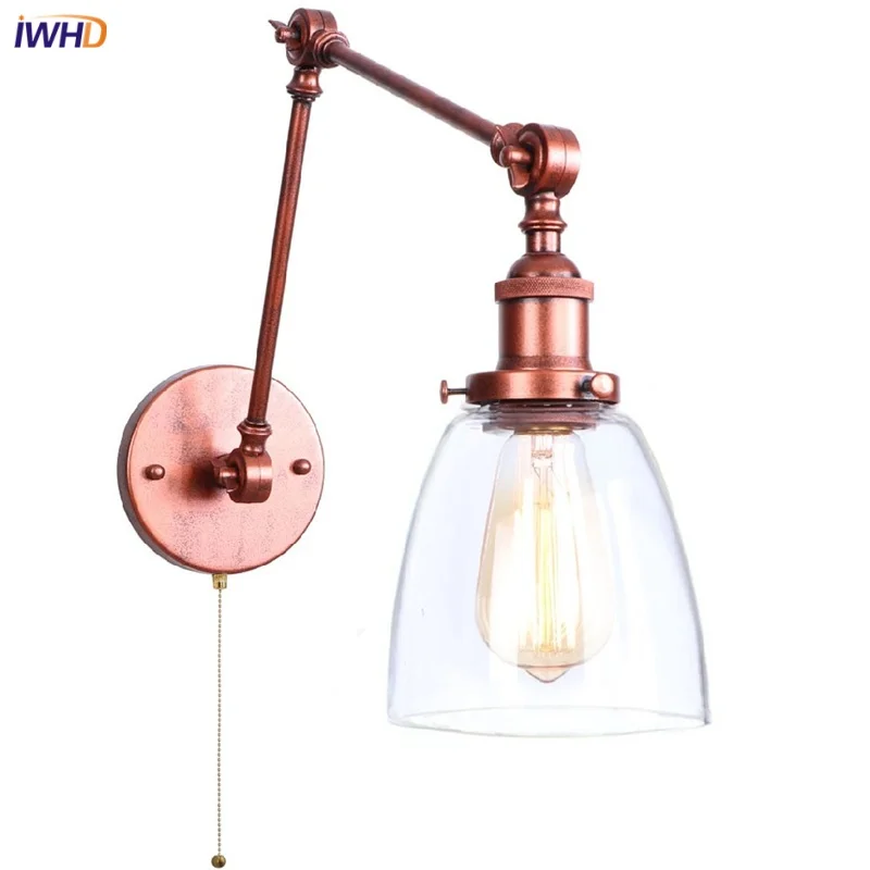 IWHD Swing Arm LED Wall Lamp Sconce Pull Chain Switch Foyer Asile Dining Room Industrial Rustic Adjustable Glass Light Fixtures