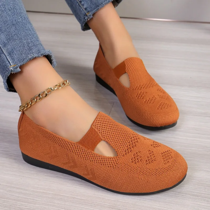 Autumn New Casual Women Flat Heel Round Toe Casual Slip-on Solid Color Low-top Shoes Fashionable Knitted Comfortable Flat Shoes