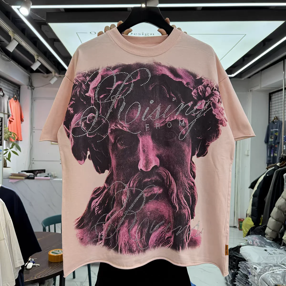 26ss Pink Washed FIRST ROW Rhine Stone Graphic Crop T-Shirt For Men Women David Statue Print Top T Shirt Tee