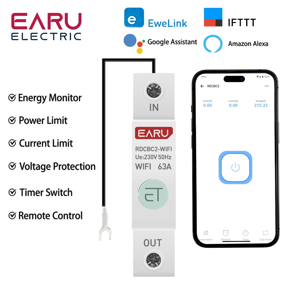 1P Din Rail WIFI Smart Energy Meter Power Consumption kWh Meter Circuit Breaker Time Timer Switch Relay Voltmeter for Smart Home