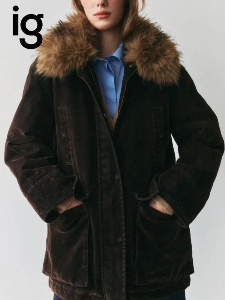 IG Women Dark Brown Corduroy Mid-Length Parka Coat with Detachable Faux Fur Collar, Zip Snap Closure Side Pockets, Winter Warm