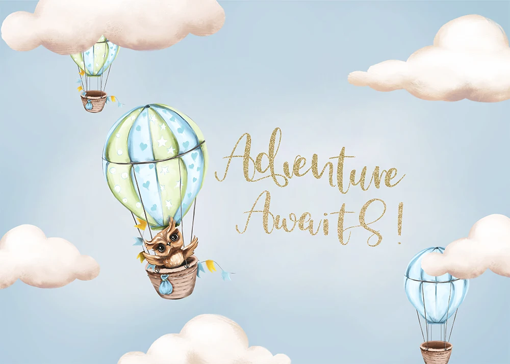 Aventura espera Baby Shower telón de fondo pájaro carpintero globo de aire caliente nubes Fondo fiesta de cumpleaños decoración W-7966