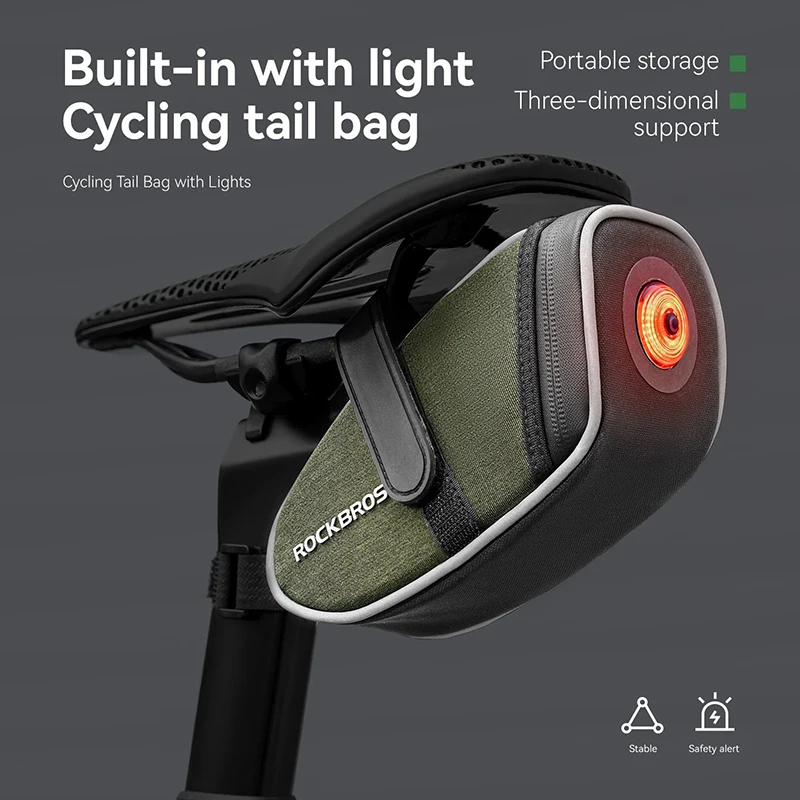 ROCKBROS Borsa da bici con fanale posteriore da 0,45 litri Borsa da sella riflettente per stoccaggio portatile Borsa da sella Borsa posteriore MTB Bic