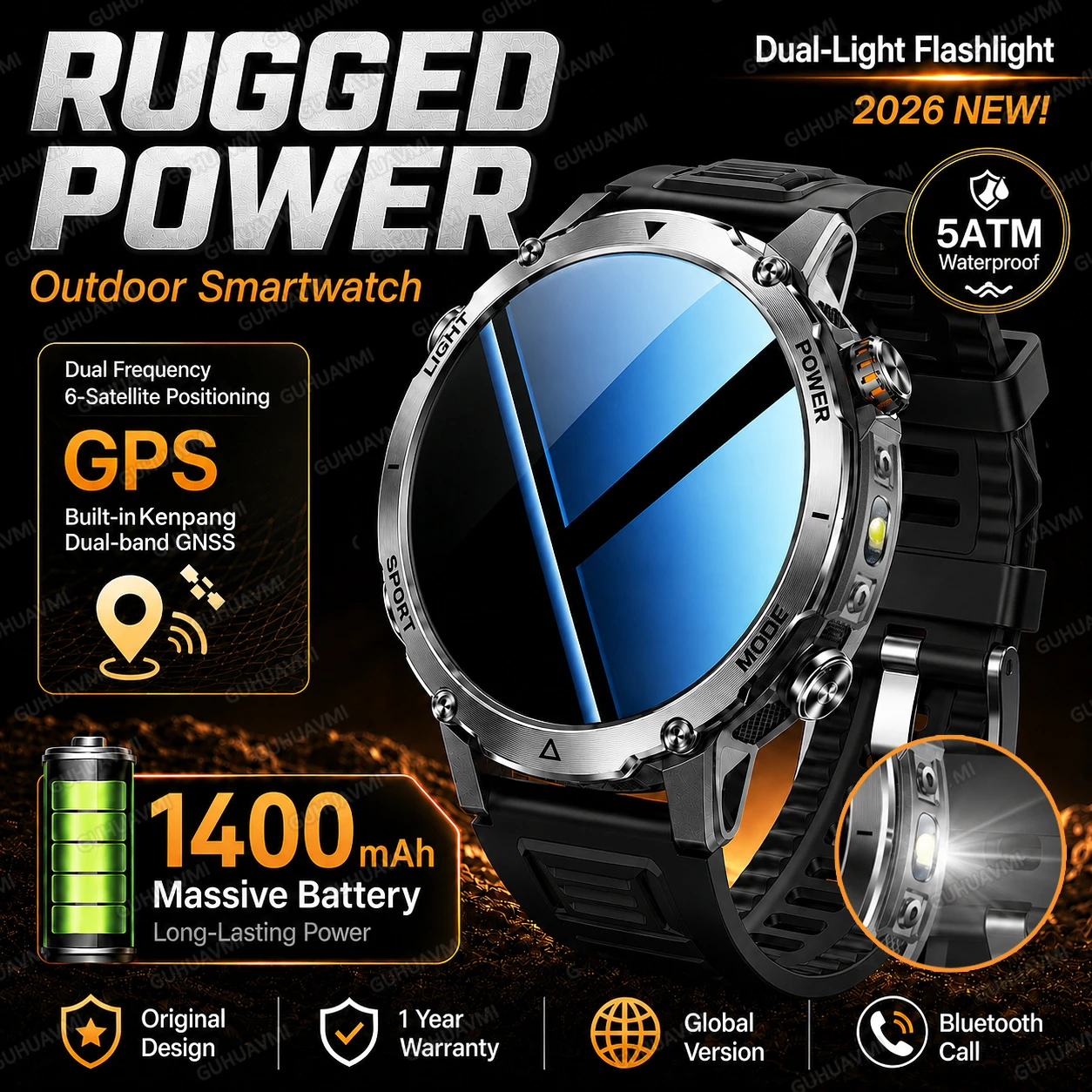 2026 New Rugged Power Smart Watch 1400mAh Battery Dual Light Flashlight 5ATM Waterproof GPS Positioning Bluetooth Call Men Watch