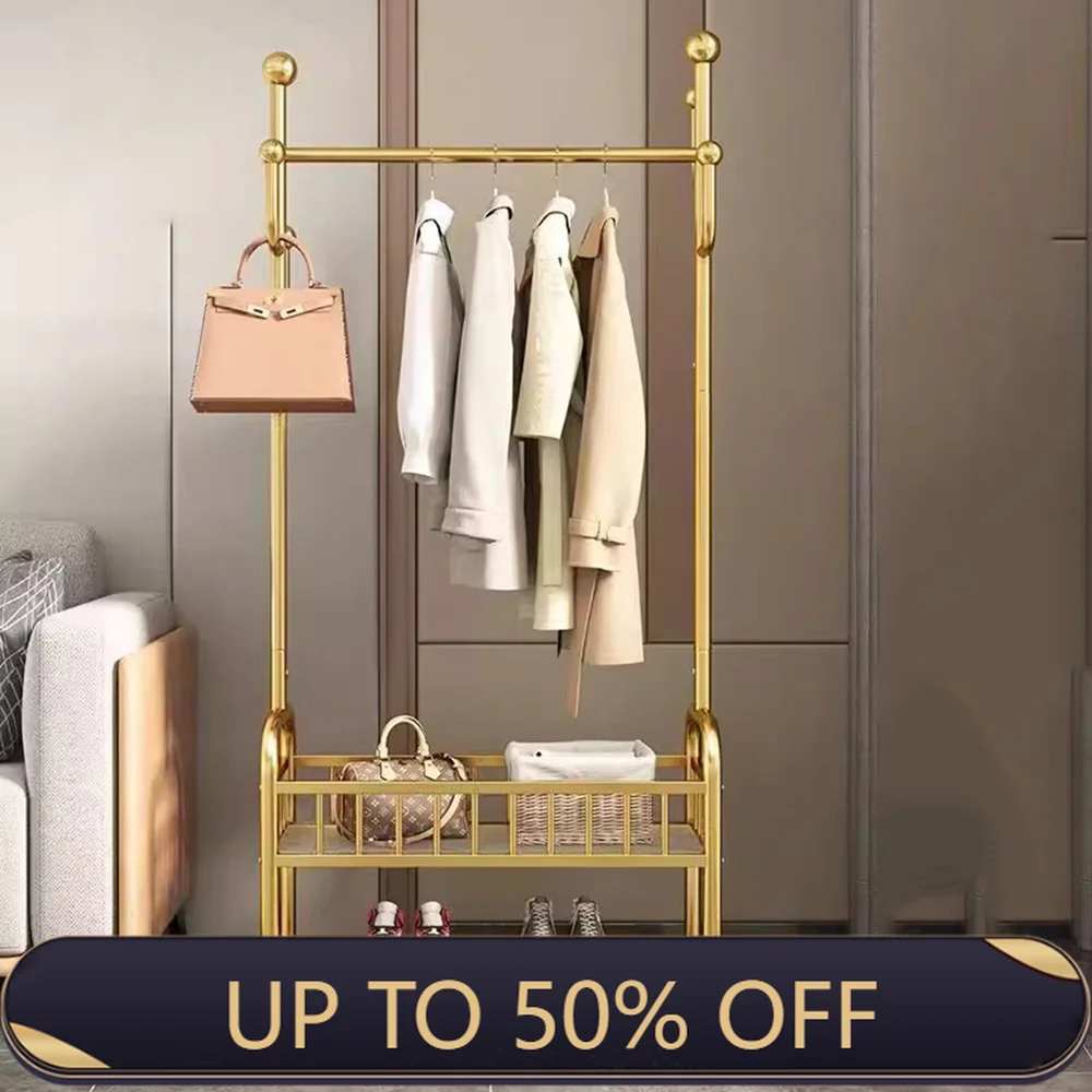 Stylish Balcony Bedroom Clothes Rack Space Saving Golden Robust Metal Frame With Wheels Perfect For Kids Room Home Accessories