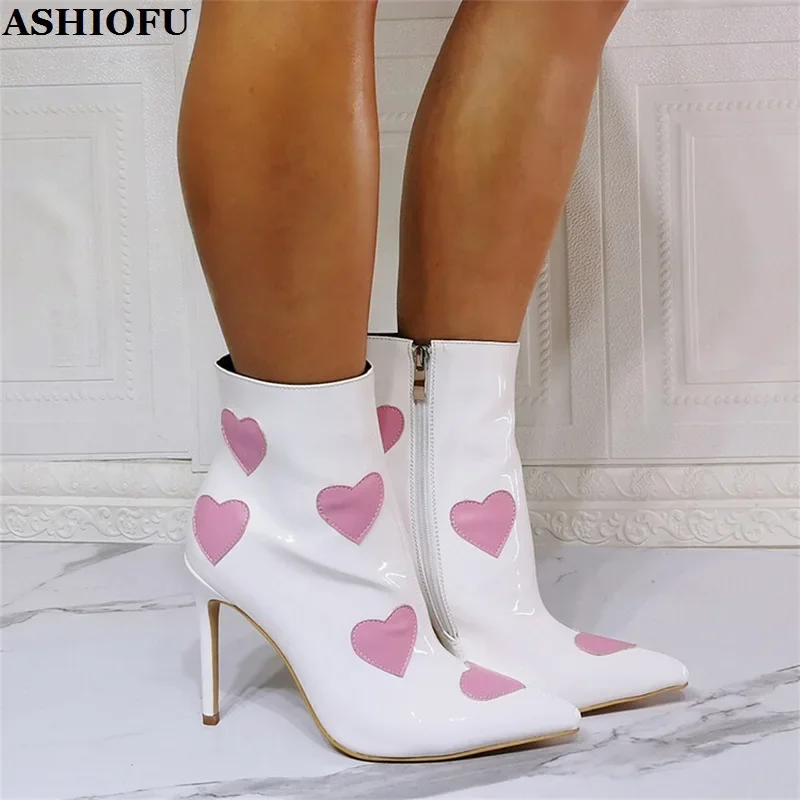 ASHIOFU New Stock Sale Handmade Women's High Heels Boots Love-heart Pointed-toe Real Photos Ankle Booty Evening Fashion Shoes