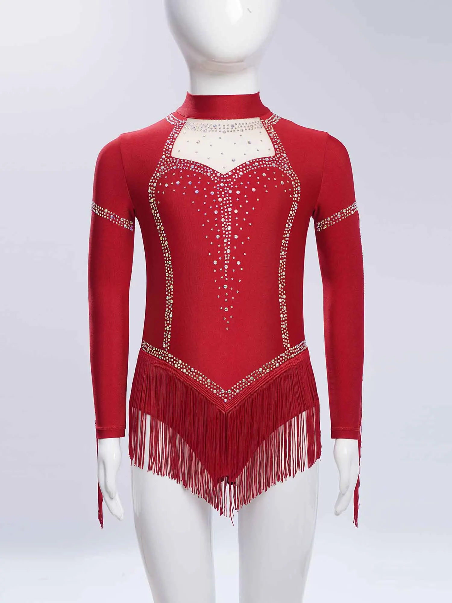 Girls Tassels Latin Dance Leotard Cha-Cha Performance Costume Long Sleeve Rhinestones Fringe Ballroom Samba Dance Leotard Dress