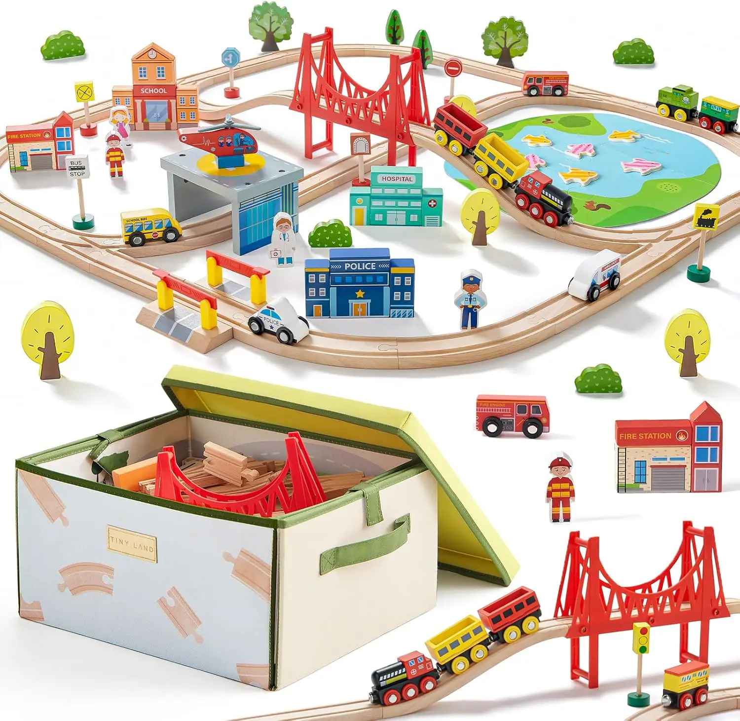 

110pcs Wooden Train Set with Folding Storage Box, Wooden Train Track Toy for Boys & Girls, Age 3-7, Includes Convenient Storage