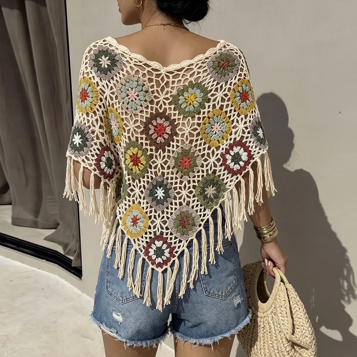 Vacation Style Fringe Hem Hollow Out Bikini Cover Up, Fashion Versatile Hand Hook Floral Top, Casual Beachwear for Women