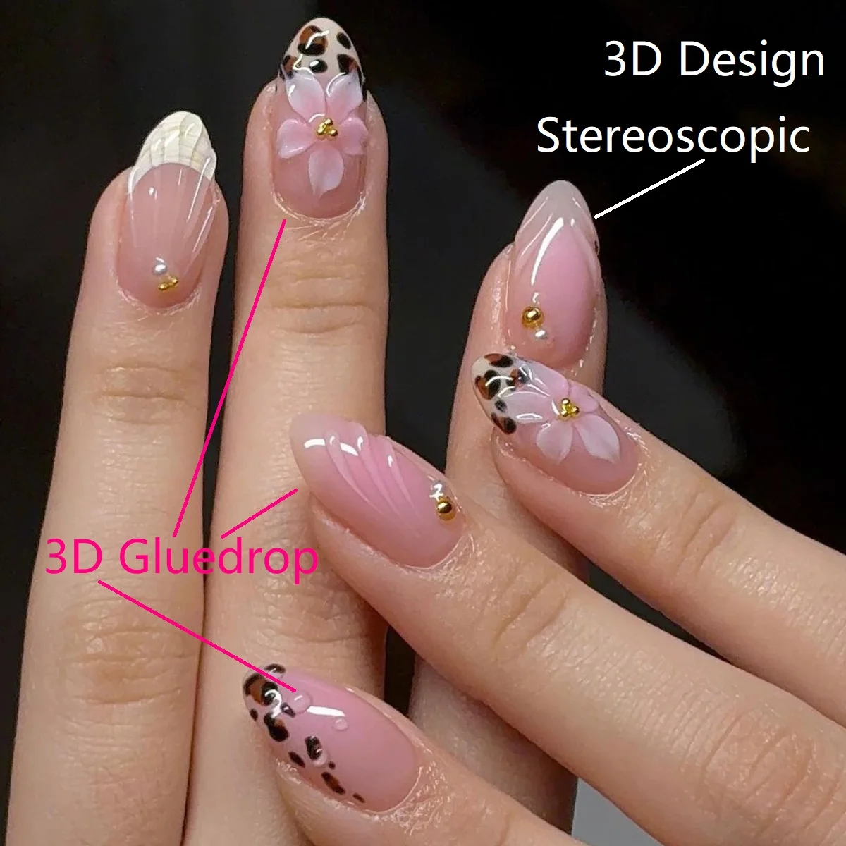 3D Press on False Nails Mid-length Almond Wearable Full Cover Nails Tips Leopard Print French Nail Full Cover Wearable False Tip