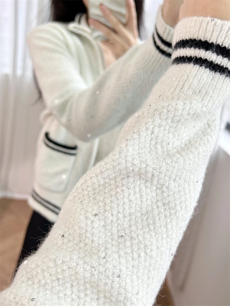 Temperament Top Half High Neck White Knitted Cardigan M Home 2024 Autumn New Style French Sweater woman 2024 luxury brand