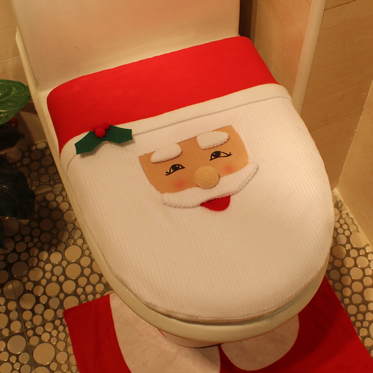

1Set Winter Christmas Toilet Cover Set Flannel Santa Claus Pattern Bathroom Decoration Tissue Box Cover Warm Floor Mat