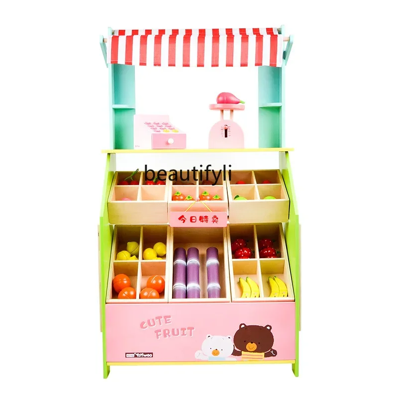 Children Toddlers Wooden Boys and Girls Simulation Sales Stall Fruit and Vegetable Stall Cashier Counter Playing Toys