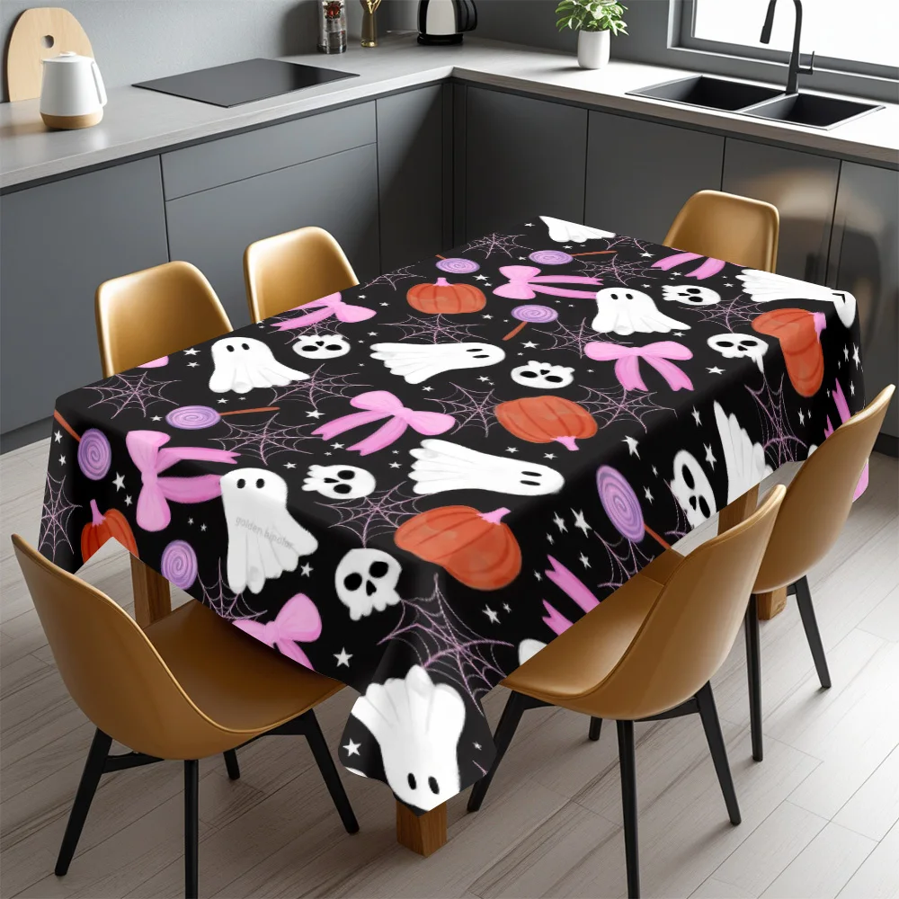 Happy Halloween rectangular tablecloth - a terrifying pumpkin, ghost, and bat design, made of durable polyester material