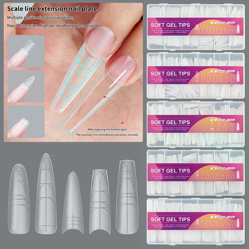 240개 트라페조이드 롱-T 매트 소프트 젤 네일 팁 보조 라인이 있는 흔적 없는 다용도 풀 커버 인조 손톱 연장용