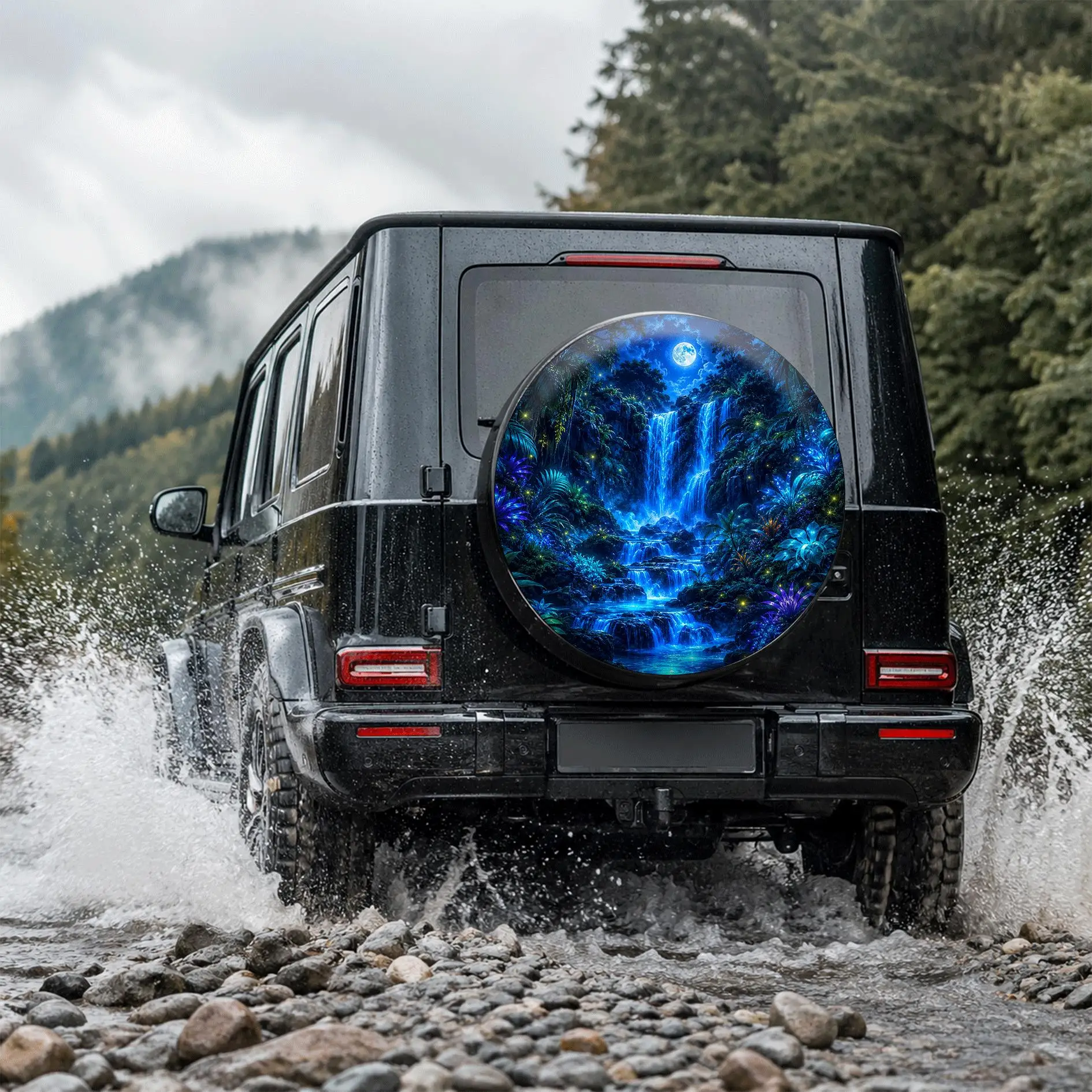 夢のような暗闇で光る森の滝プリントスペアタイヤカバー SUV - Outdoor Camping Vehicle のレビューと価格