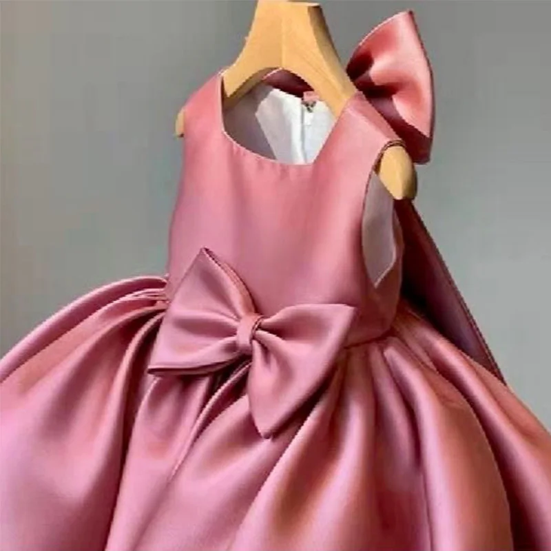 Children\'s Clothing Solid Color Princess Dresses Summer Korean Pleated Splicing Bow Sleeveless Girls Birthday Evening Dress