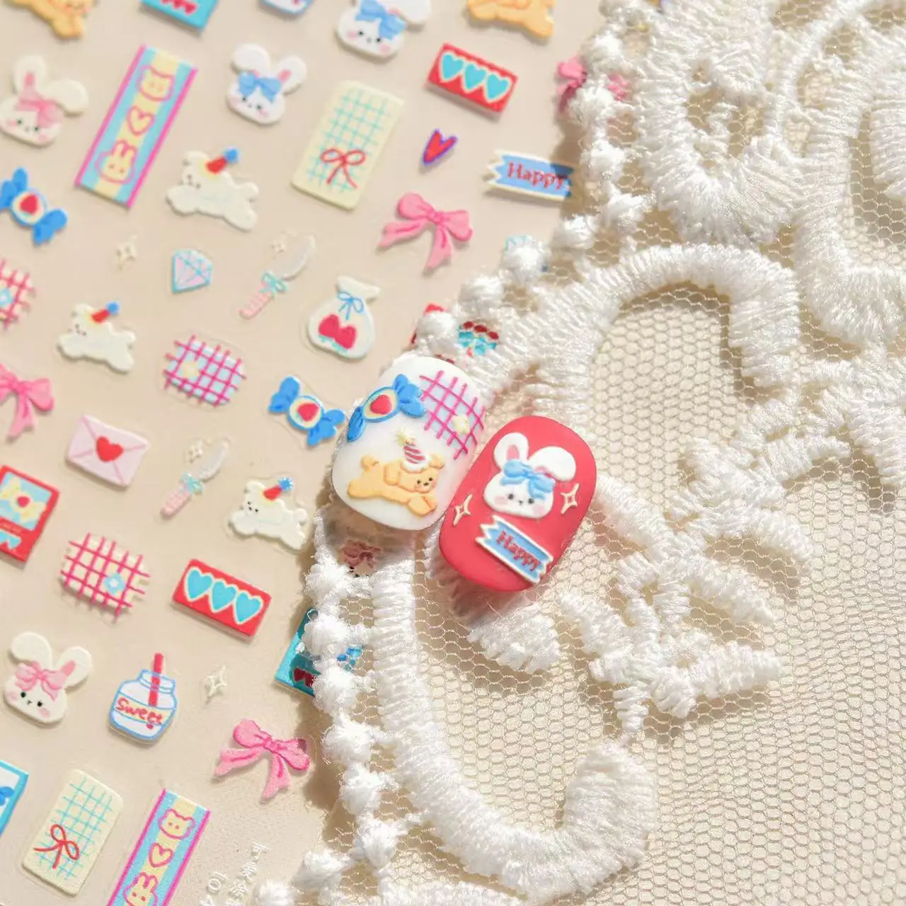 Autocollants pour ongles lapin mignon 5D, 1 pièce, usage quotidien, ton Pastel brillant, accessoires pour Nail Art, voyage de vacances, joli lapin Kawaii