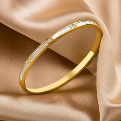 Luxury Natural Shell With Zircon Bracelets & Bangle Stainless Steel for Woman's Jewelry Gold Color Wristband Gift