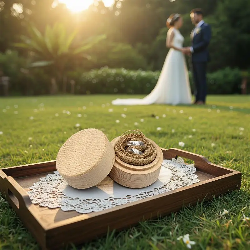 Round Wood Ring Box Wooden Wedding Proposal Engagement Jewelry Storage Display Gift Packaging Case