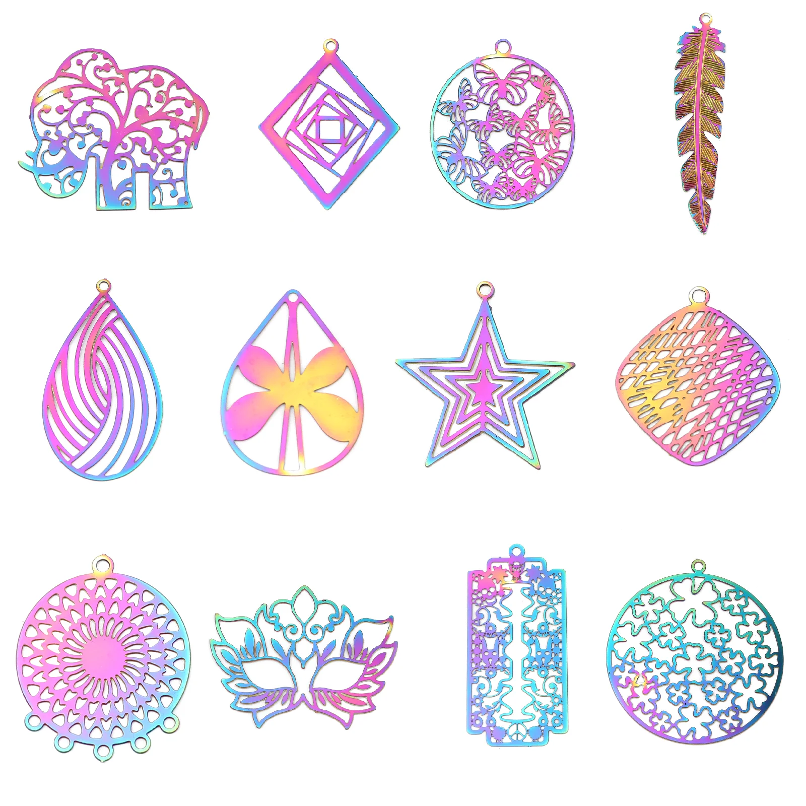 Hollow Geometry Butterfly Star Stainless Steel Filigree Stamping Pendants Oval AB Color Charms For DIY Earring Jewelry Making