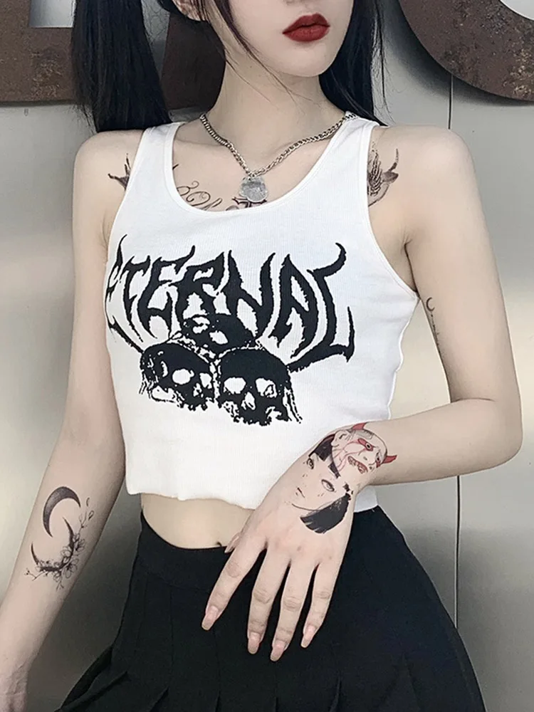 Harajuku Punk Goth Sexy Crop Tops Women's Summer Mujer 90s Grunge Graphic Skull Print Tops Fashion Sleeveless Slim Vest Tank Top