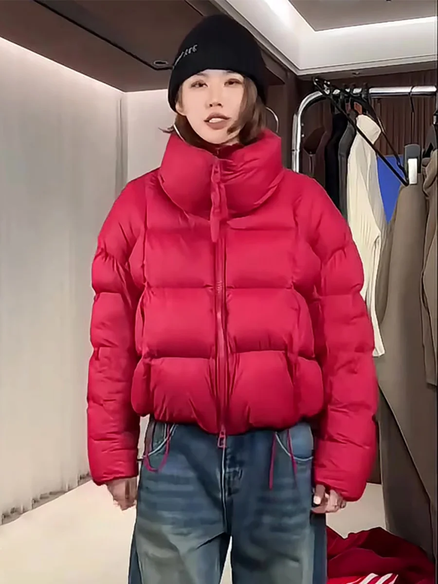 

Korean Sle ort Puffer Jaet Women's Winter Loose Fit Bread Coat 90% White Du down Stand Collar Slimming Outerwear