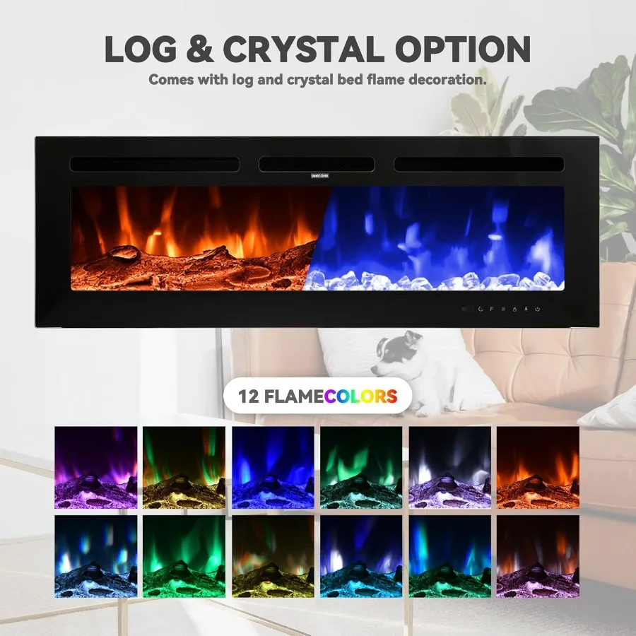 50 Inch Electric Fireplace Wall Mounted and Recessed LED Fireplace with Remote Control 8h Timer 12 Flames Touch Screen InWall F