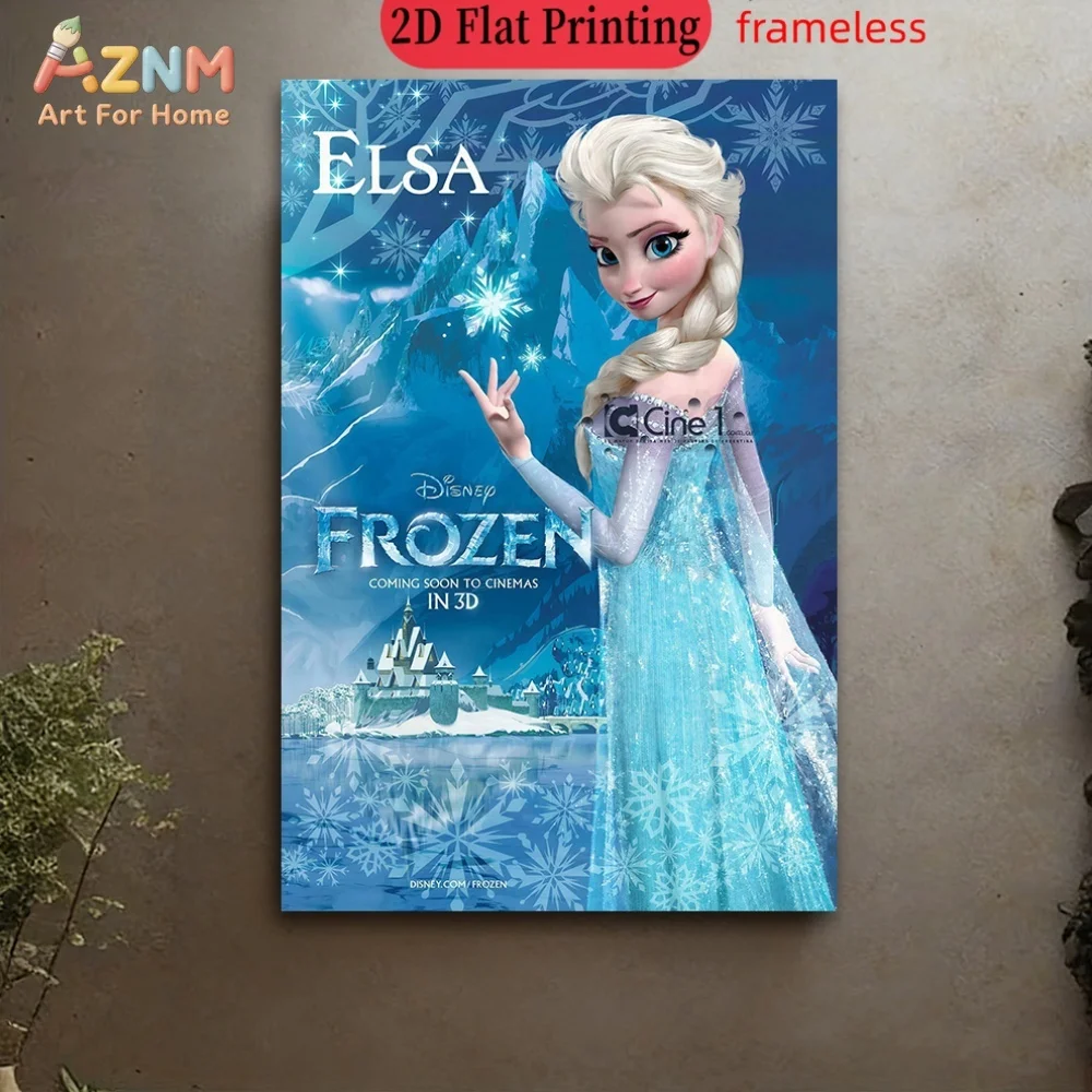 AZNM - Lienzo Decorativo sin Marco de Frozen Elsa, Arte de Pared de Disney, Castillo de Hielo de Elsa, Escena de Invierno con Copos de Nieve, Impresión Artística de un Solo Panel para Dormitorio Infantil